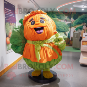 Orange Cabbage mascot costume character dressed with a Maxi Dress and Backpacks