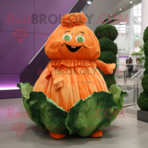 Orange Cabbage mascot costume character dressed with a Maxi Dress and Backpacks