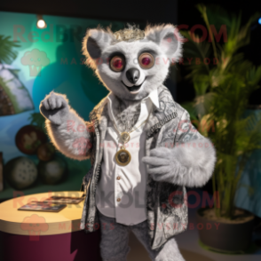 Silver Lemur mascot costume character dressed with a Blazer and Rings