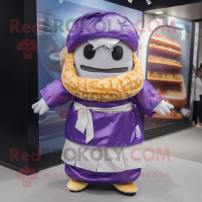 Purple Sushi mascot costume character dressed with a Parka and Bow ties