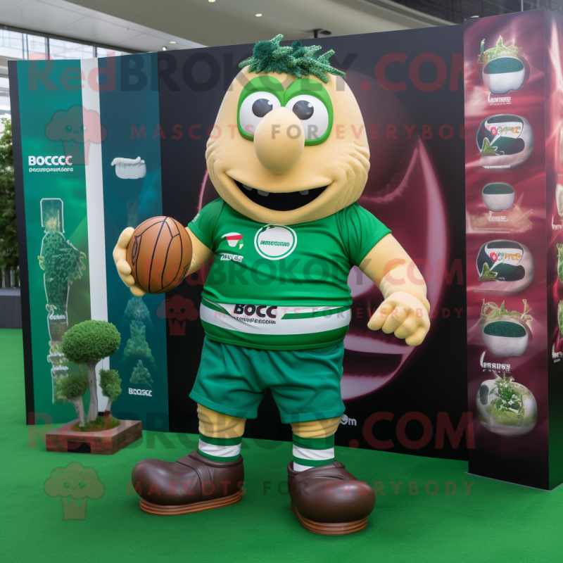 Green Moussaka mascot costume character dressed with a Rugby Shirt and Shoe laces