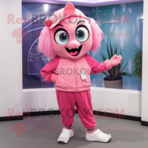 Pink Cod mascot costume character dressed with a Jeggings and Earrings