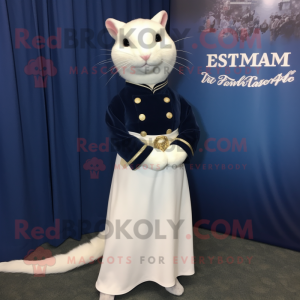 Navy Ermine mascot costume character dressed with a Empire Waist Dress and Brooches