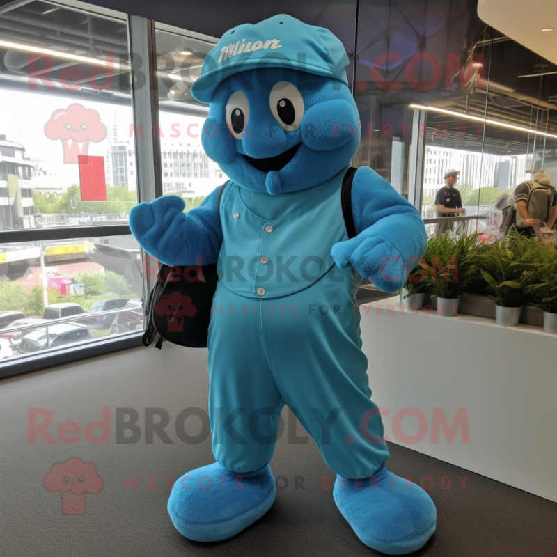 Cyan Baseball Glove mascot costume character dressed with a Dungarees and Clutch bags