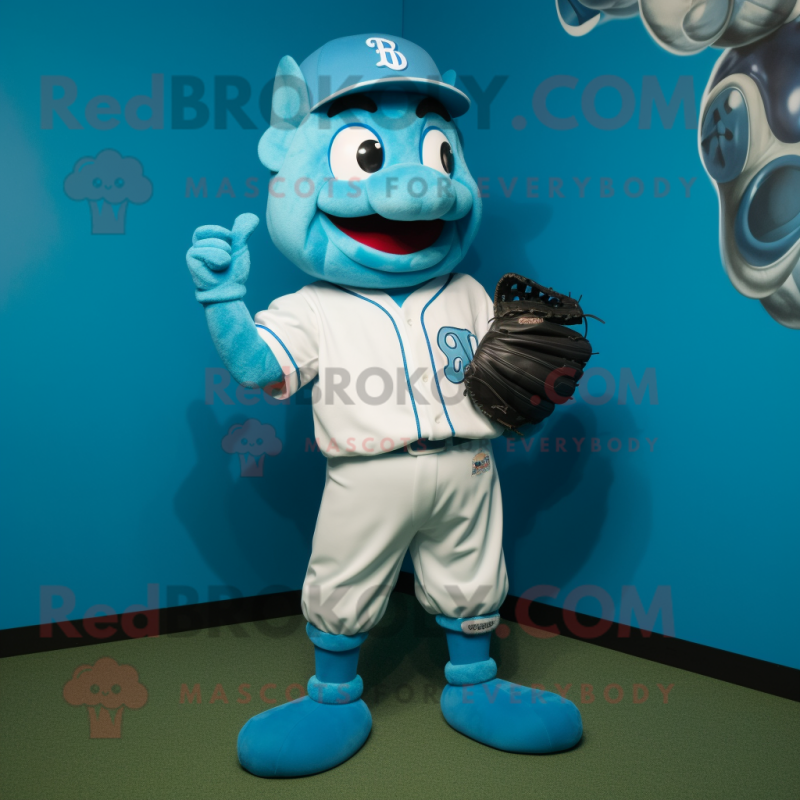 Cyan Baseball Glove mascot costume character dressed with a Dungarees and Clutch bags