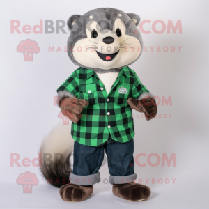 Forest Green Ferret mascot costume character dressed with a Flannel Shirt and Rings