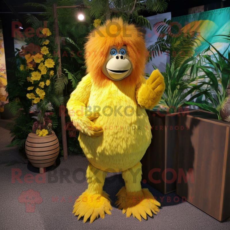 Lemon Yellow Orangutan mascot costume character dressed with a Mini Dress and Cummerbunds