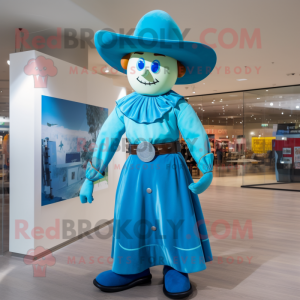 Cyan Cowboy mascot costume character dressed with a Circle Skirt and Berets