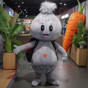 Gray Carrot mascot costume character dressed with a Mini Dress and Backpacks