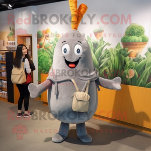 Gray Carrot mascot costume character dressed with a Mini Dress and Backpacks