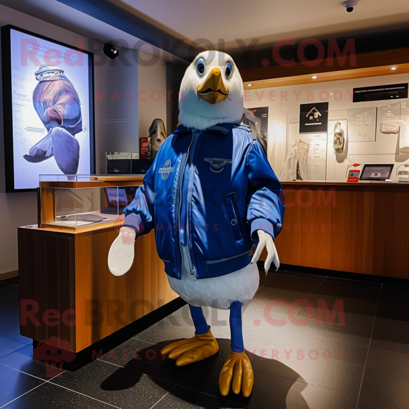 Blue Albatross mascot costume character dressed with a Bomber Jacket and Shoe clips