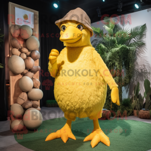 Lemon Yellow Dodo Bird mascot costume character dressed with a Romper and Beanies