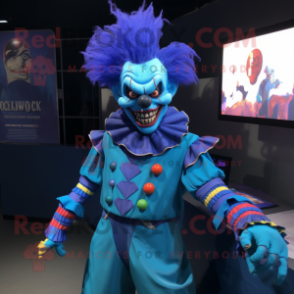 Blue Evil Clown mascot costume character dressed with a Turtleneck and Lapel pins