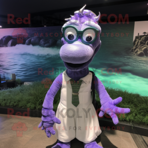 Lavender Loch Ness Monster mascot costume character dressed with a Vest and Eyeglasses