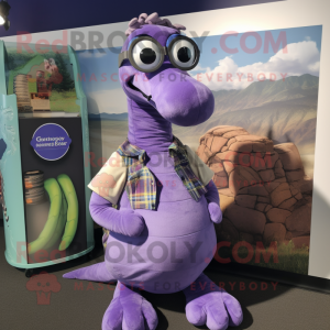 Lavender Loch Ness Monster mascot costume character dressed with a Vest and Eyeglasses