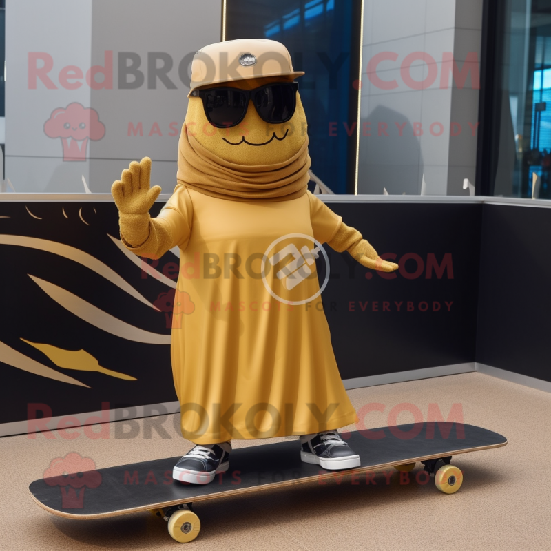 Gold Skateboard mascot costume character dressed with a Pleated Skirt and Sunglasses