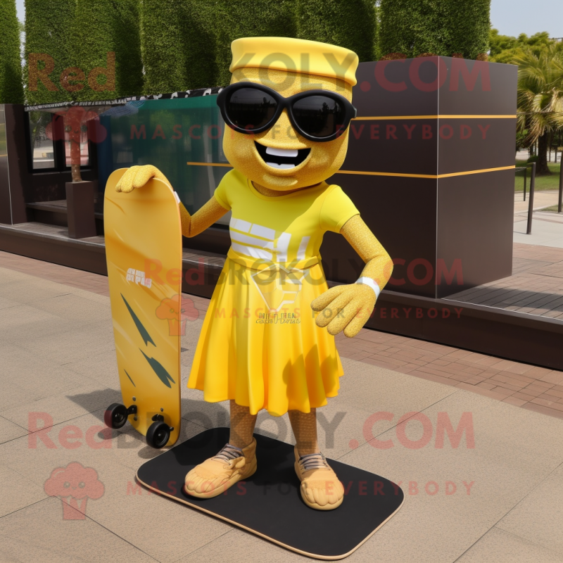 Gold Skateboard mascot costume character dressed with a Pleated Skirt and Sunglasses