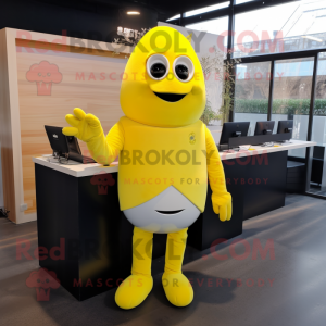 Lemon Yellow Moussaka mascot costume character dressed with a Suit and Gloves