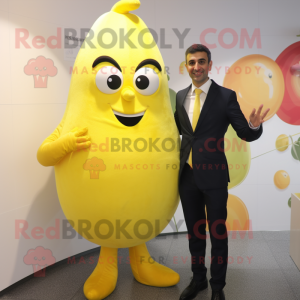 Lemon Yellow Moussaka mascot costume character dressed with a Suit and Gloves