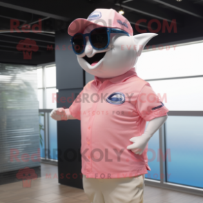 Pink Tuna mascot costume character dressed with a Polo Shirt and Sunglasses