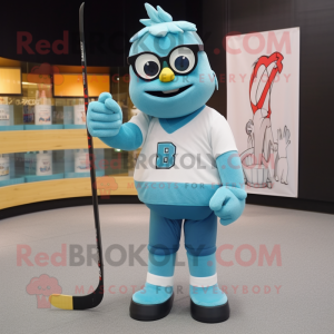 Cyan Ice Hockey Stick mascot costume character dressed with a V-Neck Tee and Reading glasses