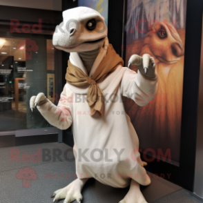 Cream Utahraptor mascot costume character dressed with a Turtleneck and Shawl pins