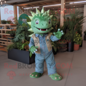 Green Stegosaurus mascot costume character dressed with a Denim Shirt and Foot pads