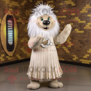 Cream Porcupine mascot costume character dressed with a A-Line Dress and Beanies