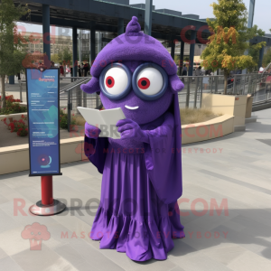 Purple Cyclops mascot costume character dressed with a Wrap Dress and Reading glasses