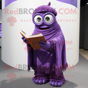 Purple Cyclops mascot costume character dressed with a Wrap Dress and Reading glasses