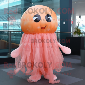 Peach Jellyfish mascot costume character dressed with a Blouse and Keychains