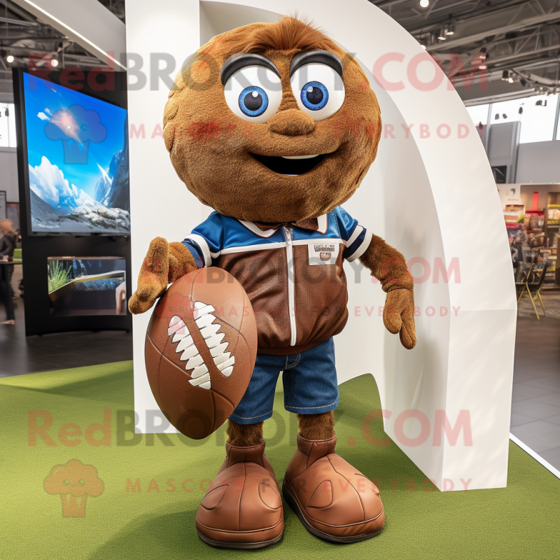 Personaggio in costume della mascotte del pallone da rugby marrone vestito con jeans e orecchini Bootcut Costumi da mascotte Redbrokoly