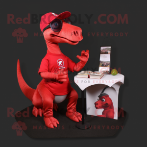 Red Parasaurolophus mascot costume character dressed with a Polo Tee and Reading glasses