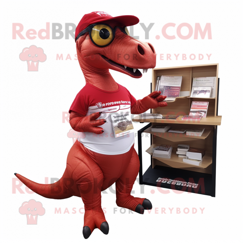 Red Parasaurolophus mascot costume character dressed with a Polo Tee and Reading glasses