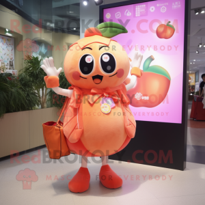 Peach Momentum mascot costume character dressed with a Mini Dress and Coin purses