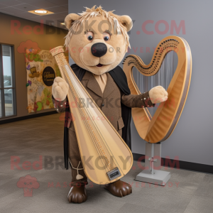 Tan Celtic Harp mascot costume character dressed with a Suit Jacket and Hairpins