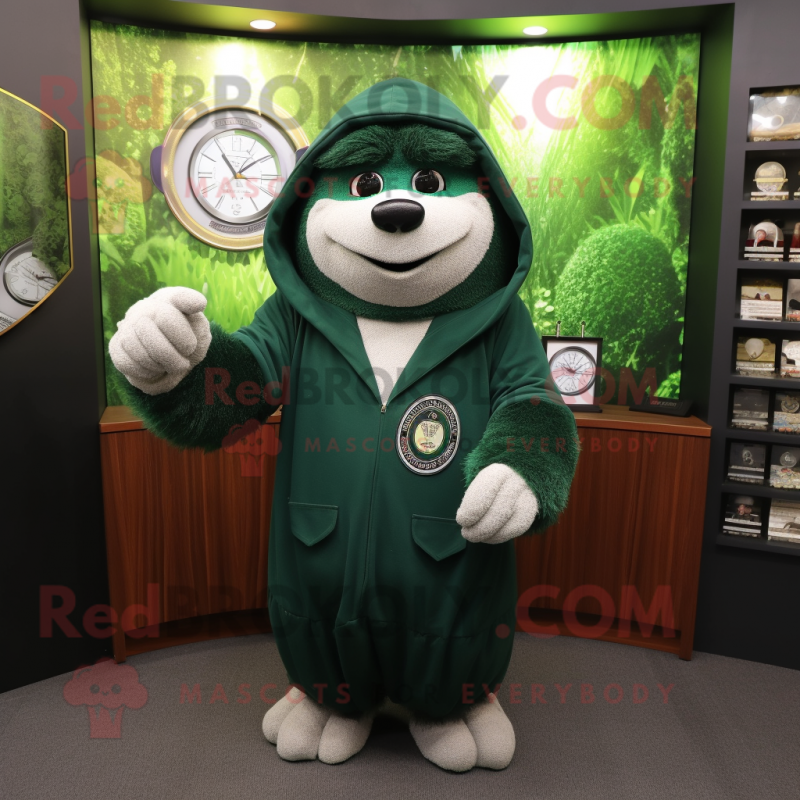 Forest Green Attorney mascot costume character dressed with a Hoodie and Bracelet watches