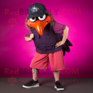 Magenta Blackbird mascot costume character dressed with a Bermuda Shorts and Cummerbunds