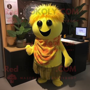 Yellow Plum mascot costume character dressed with a Henley Shirt and Scarf clips