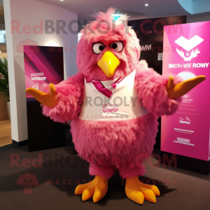 Pink Fried Chicken mascot costume character dressed with a Rugby Shirt and Shawl pins
