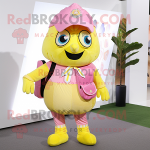 Lemon Yellow Pink mascot costume character dressed with a Corduroy Pants and Messenger bags
