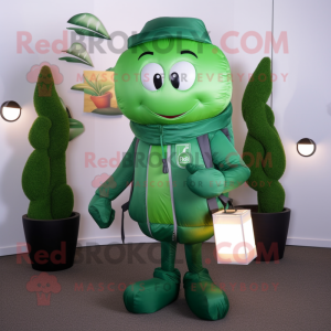 Green Scented Candle mascot costume character dressed with a Windbreaker and Messenger bags