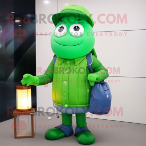 Green Scented Candle mascot costume character dressed with a Windbreaker and Messenger bags