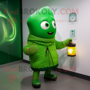 Green Scented Candle mascot costume character dressed with a Windbreaker and Messenger bags