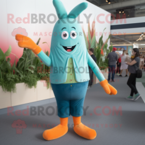 Teal Carrot mascot costume character dressed with a Bootcut Jeans and Suspenders