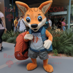 Orange Dingo mascot costume character dressed with a Denim Shorts and Messenger bags