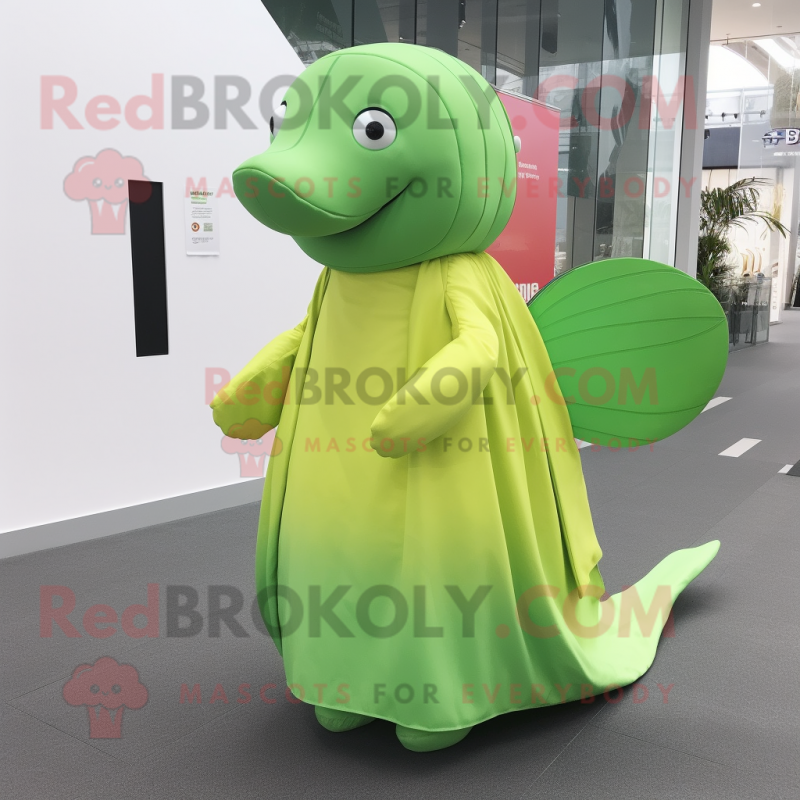 Lime Green Whale mascot costume character dressed with a Pleated Skirt and Messenger bags