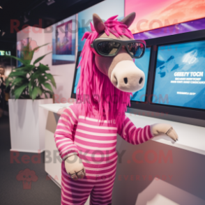 Pink Quagga mascot costume character dressed with a Graphic Tee and Sunglasses