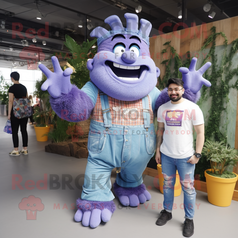 Lavender Strongman mascot costume character dressed with a Boyfriend Jeans and Hairpins
