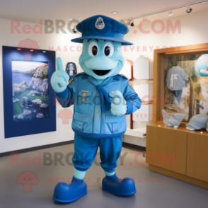 Cyan Navy Soldier mascot costume character dressed with a Board Shorts and Hat pins